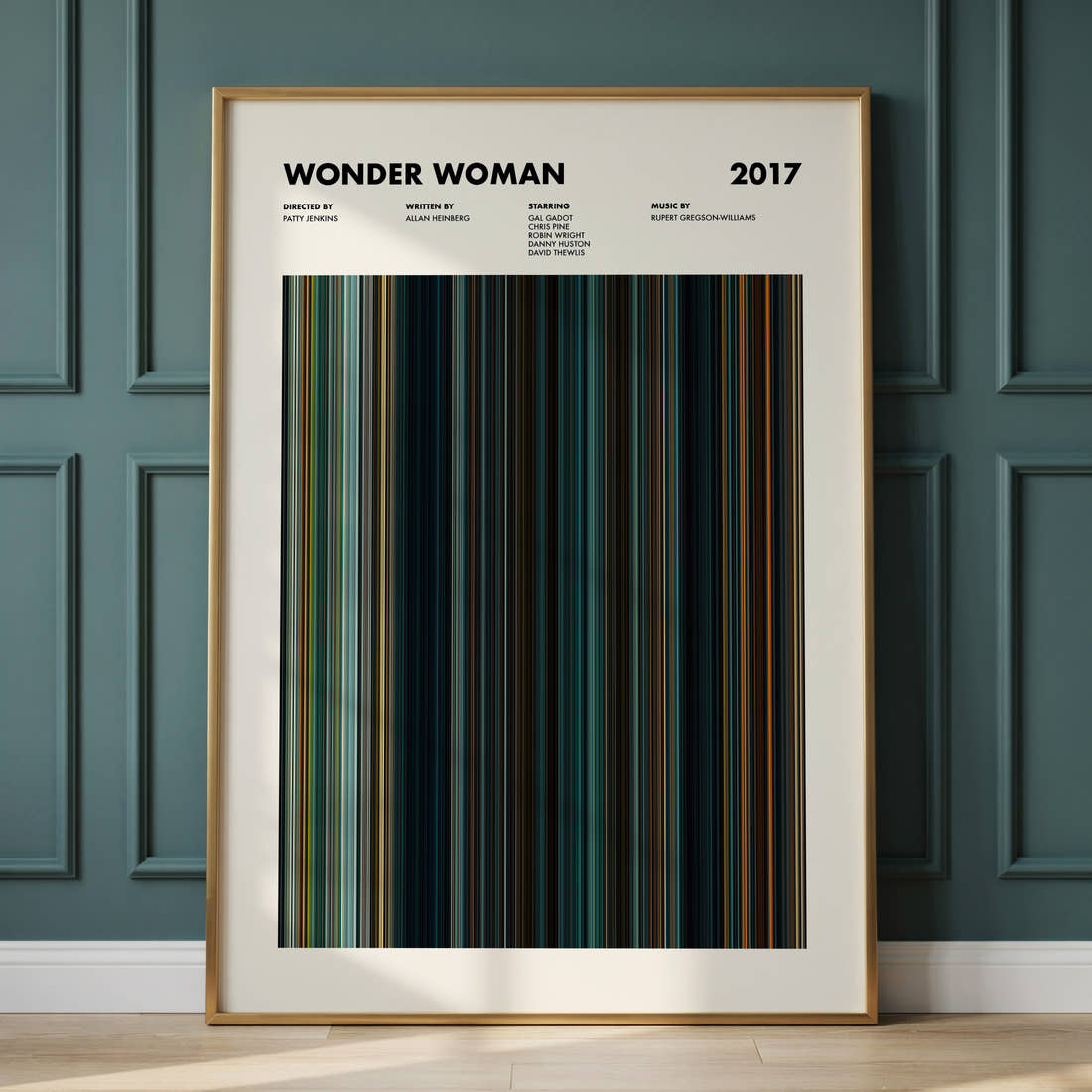 Wonder Woman Movie Barcode Poster framed and leaning against a panelled wall