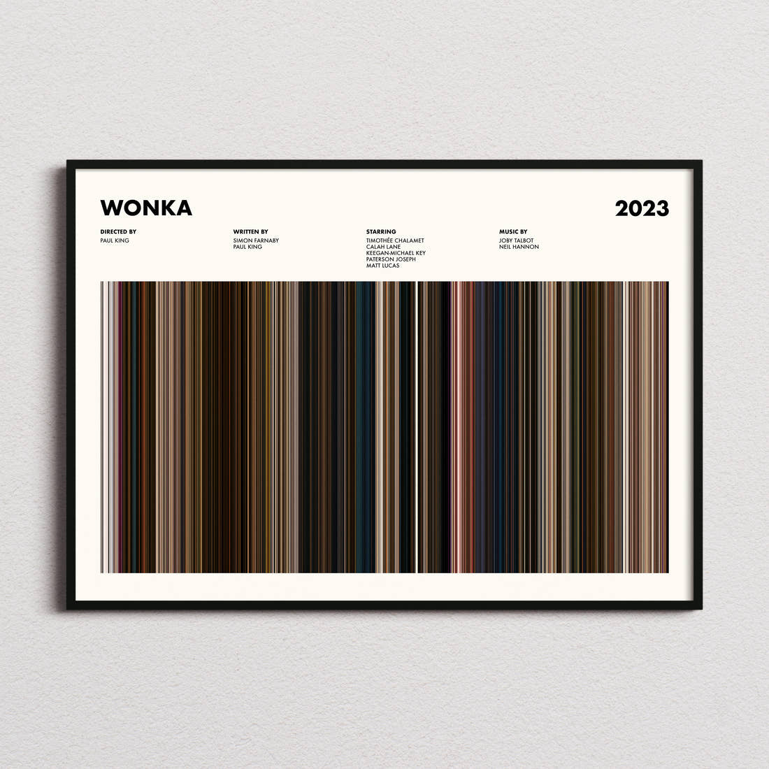 Wonka Movie Barcode Poster framed and photographed straight on