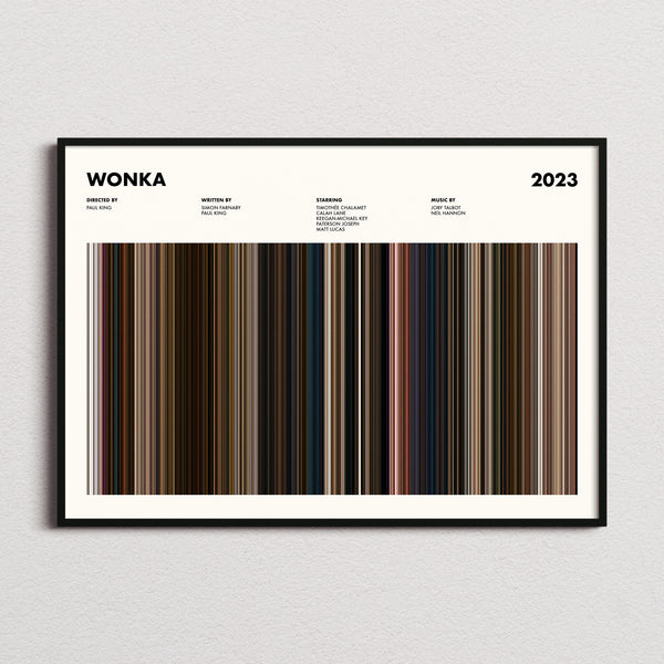 Wonka Movie Barcode Poster framed and photographed straight on