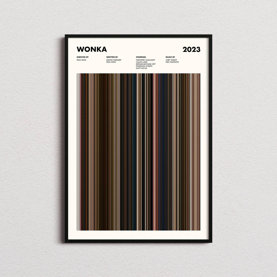 Wonka Movie Barcode Poster framed on a plain studio wall