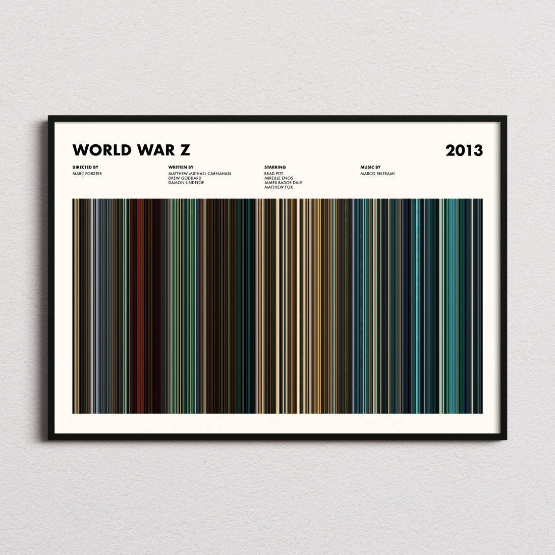 World War Z Movie Barcode Poster framed and photographed straight on