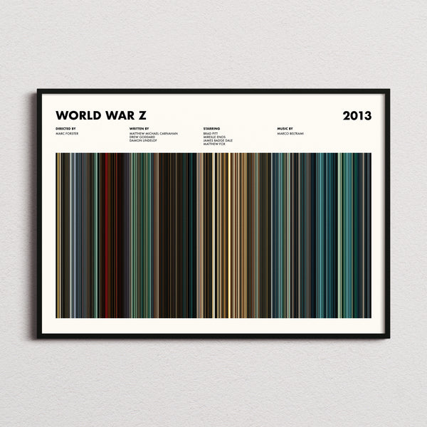World War Z Movie Barcode Poster framed and photographed straight on