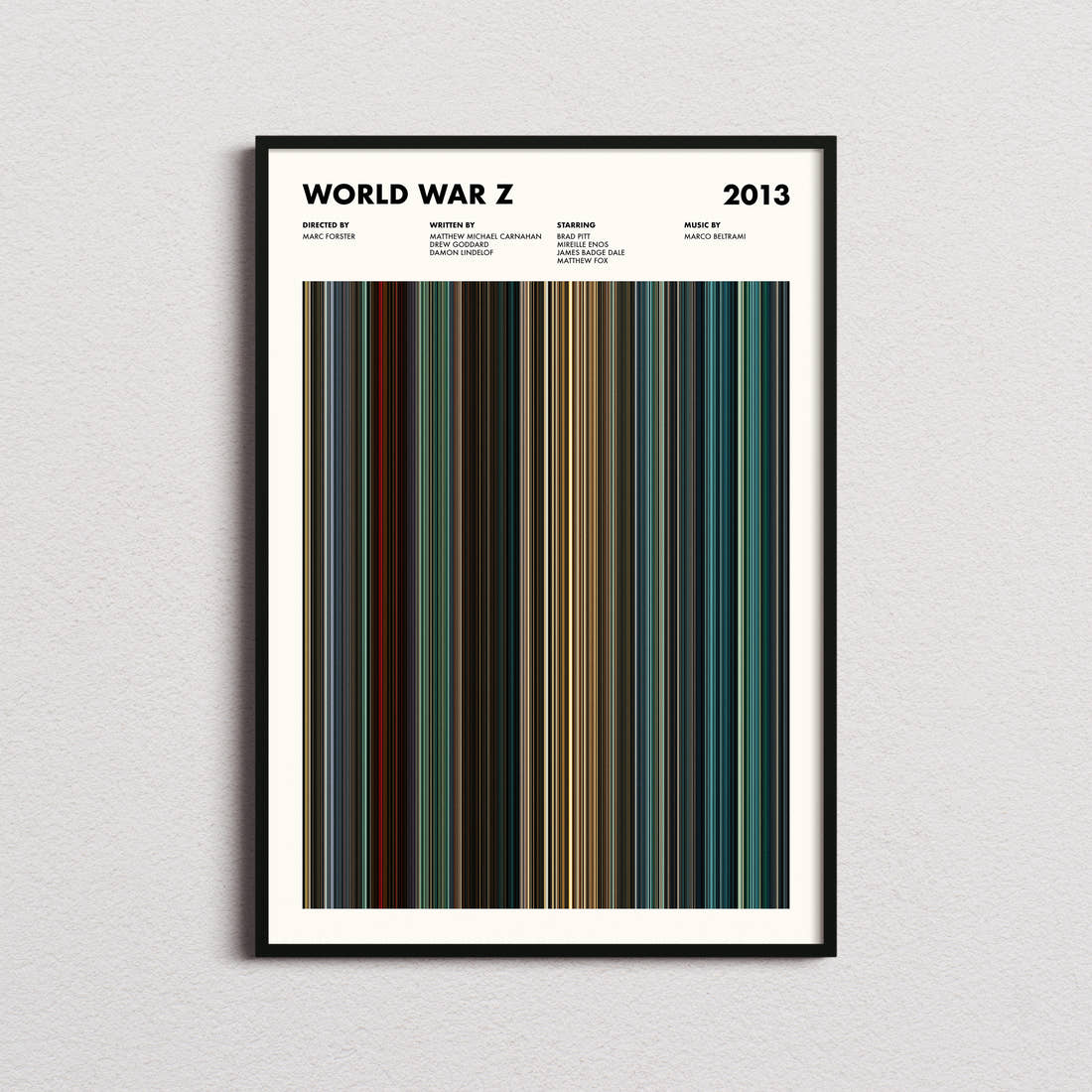 World War Z Movie Barcode Poster framed on a plain studio wall