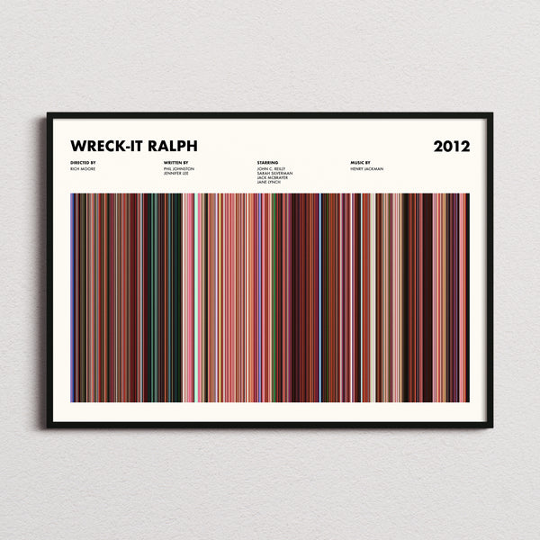 Wreck-It Ralph Movie Barcode Poster framed and photographed straight on