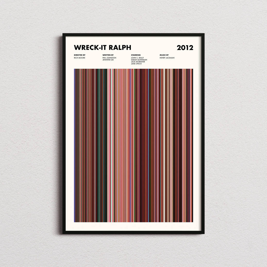 Wreck-It Ralph Movie Barcode Poster framed on a plain studio wall