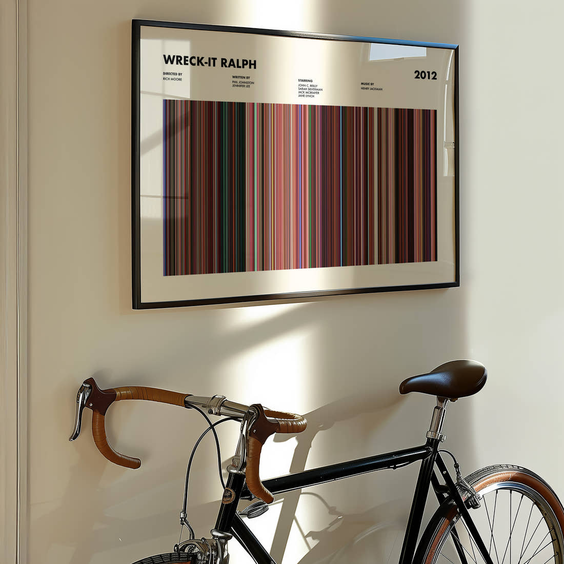 Wreck-It Ralph Movie Barcode Poster framed on the wall of a styled room setting