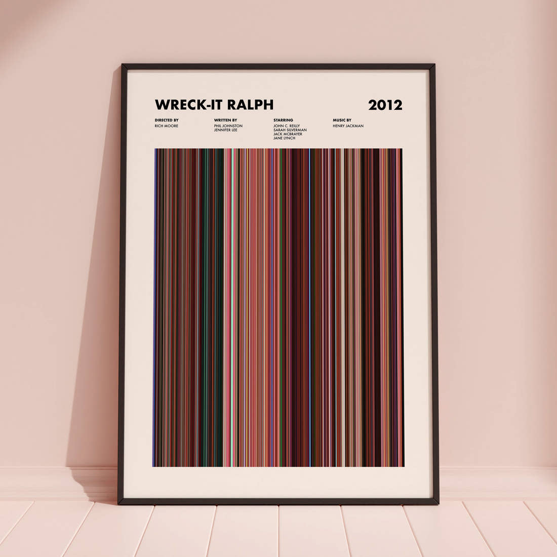 Wreck-It Ralph Movie Barcode Poster framed and leaning against a coloured wall