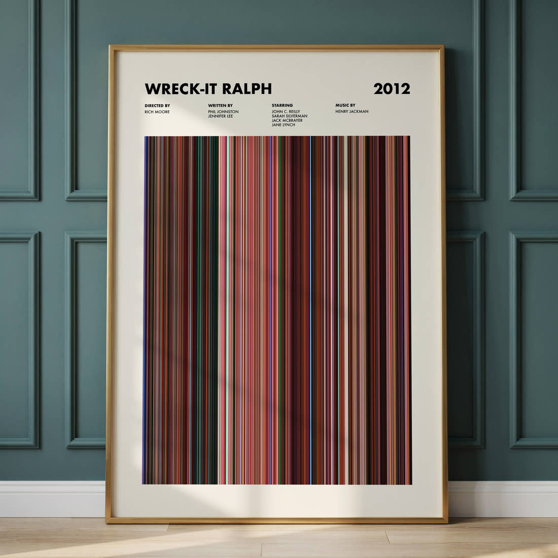 Wreck-It Ralph Movie Barcode Poster framed and leaning against a panelled wall