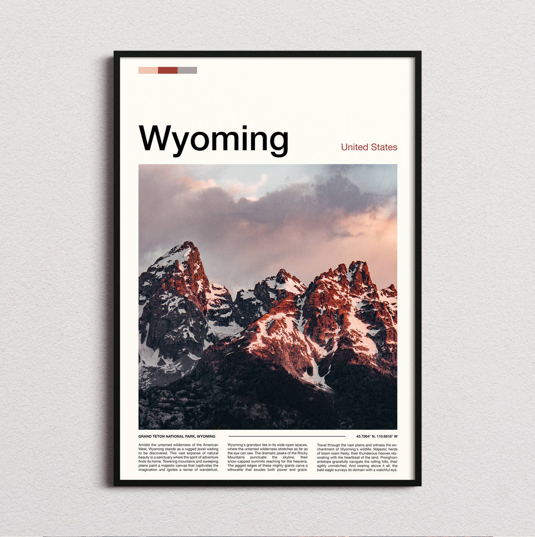 Wyoming Rugged Mountain Peaks Travel Print framed and photographed straight on