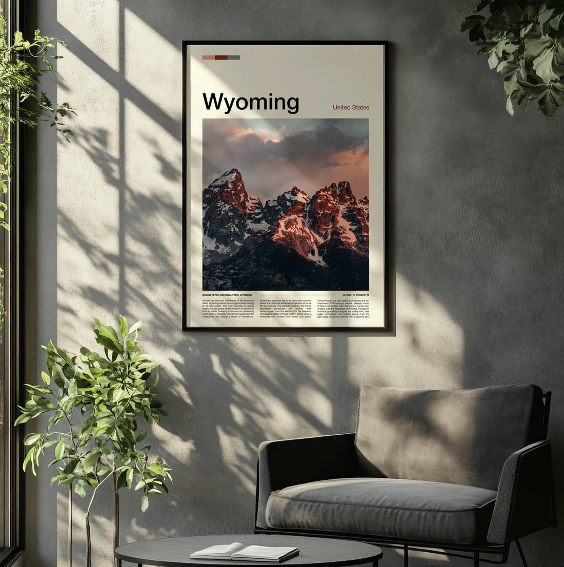 Wyoming Rugged Mountain Peaks Travel Print framed on the wall of a relaxed living room