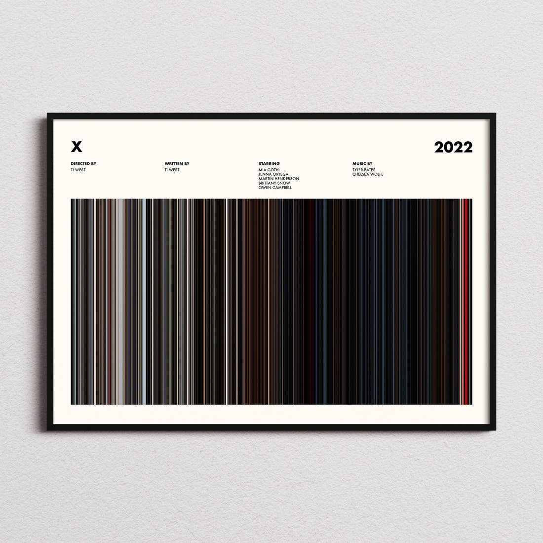 X Movie Barcode Poster framed and photographed straight on