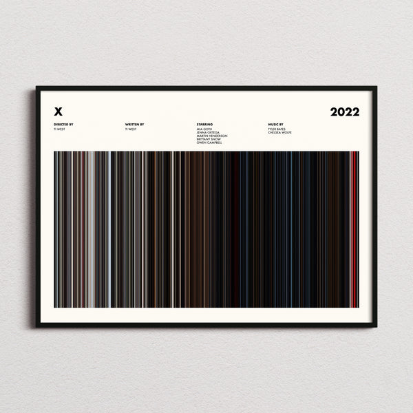 X Movie Barcode Poster framed and photographed straight on
