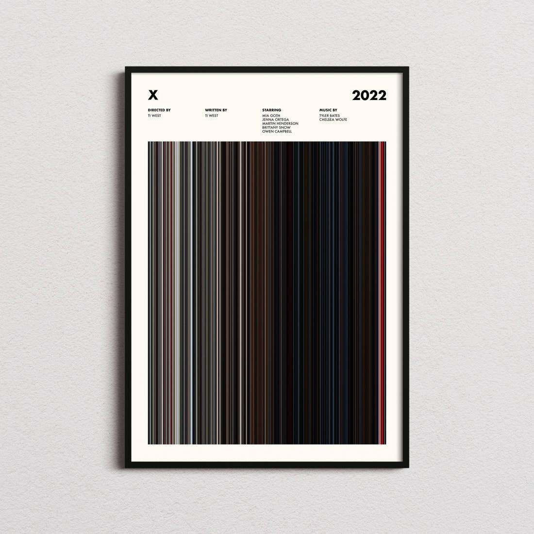 X Movie Barcode Poster framed on a plain studio wall