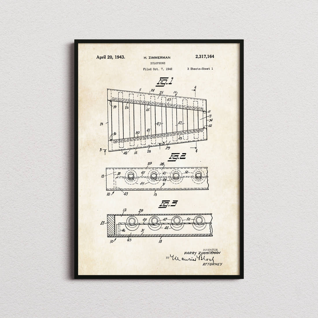 Xylophone Patent Print in the aged paper colourway, framed