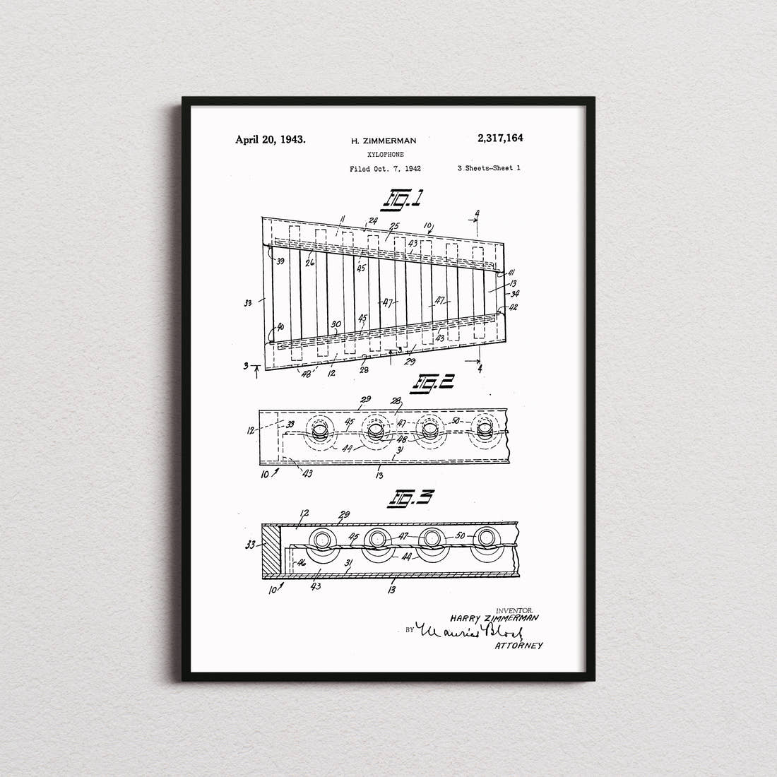 Xylophone Patent Print in the white colourway, framed