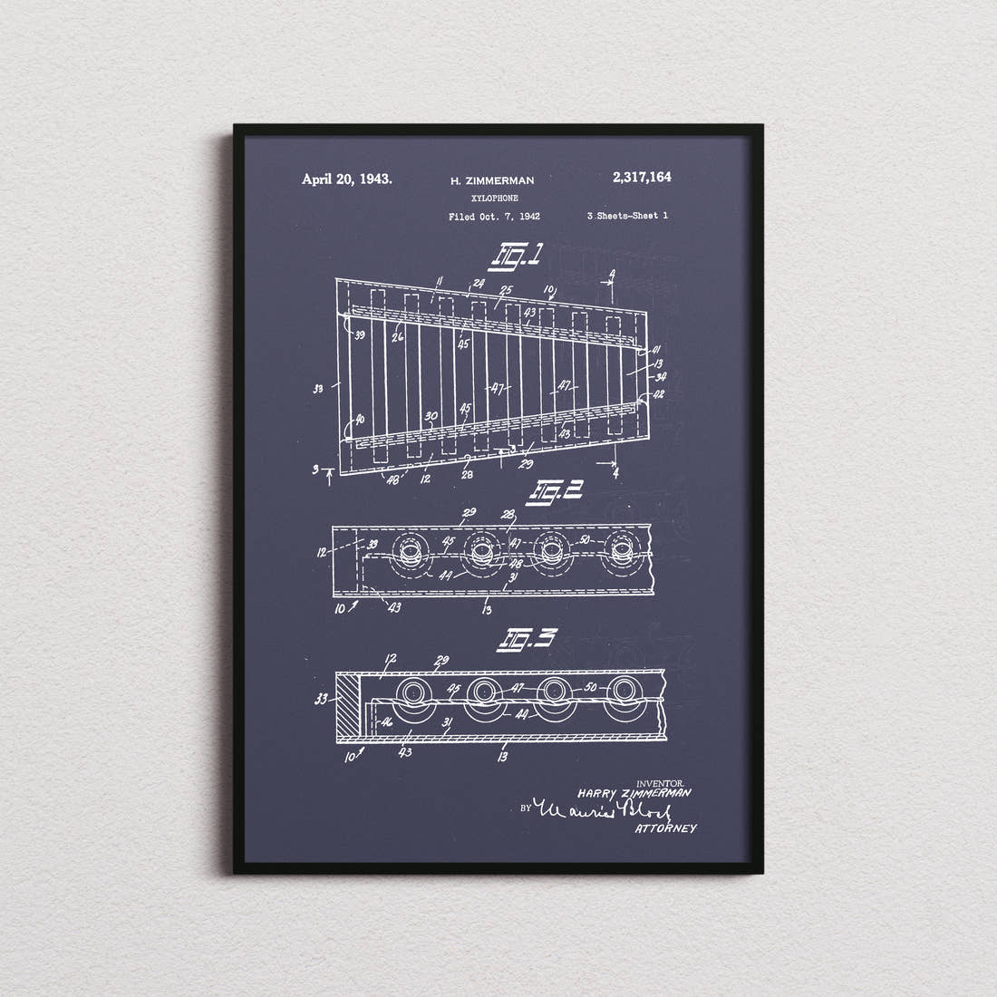 Xylophone Patent Print in the navy colourway, framed