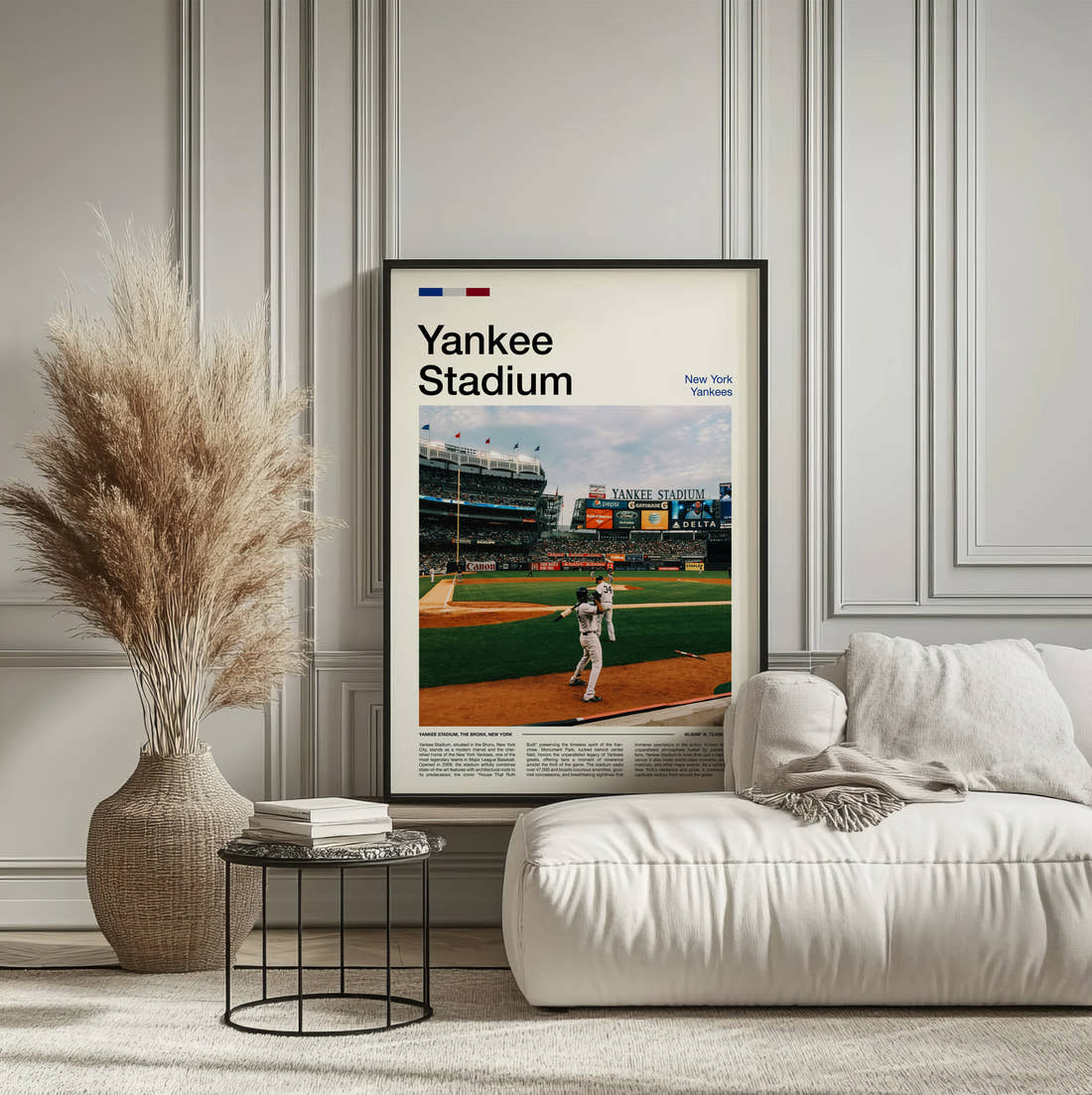Yankee Stadium Print framed on the wall of a calm, neutral bedroom
