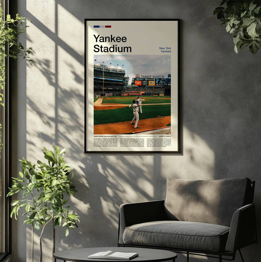 Yankee Stadium Print framed on the wall of a relaxed living room