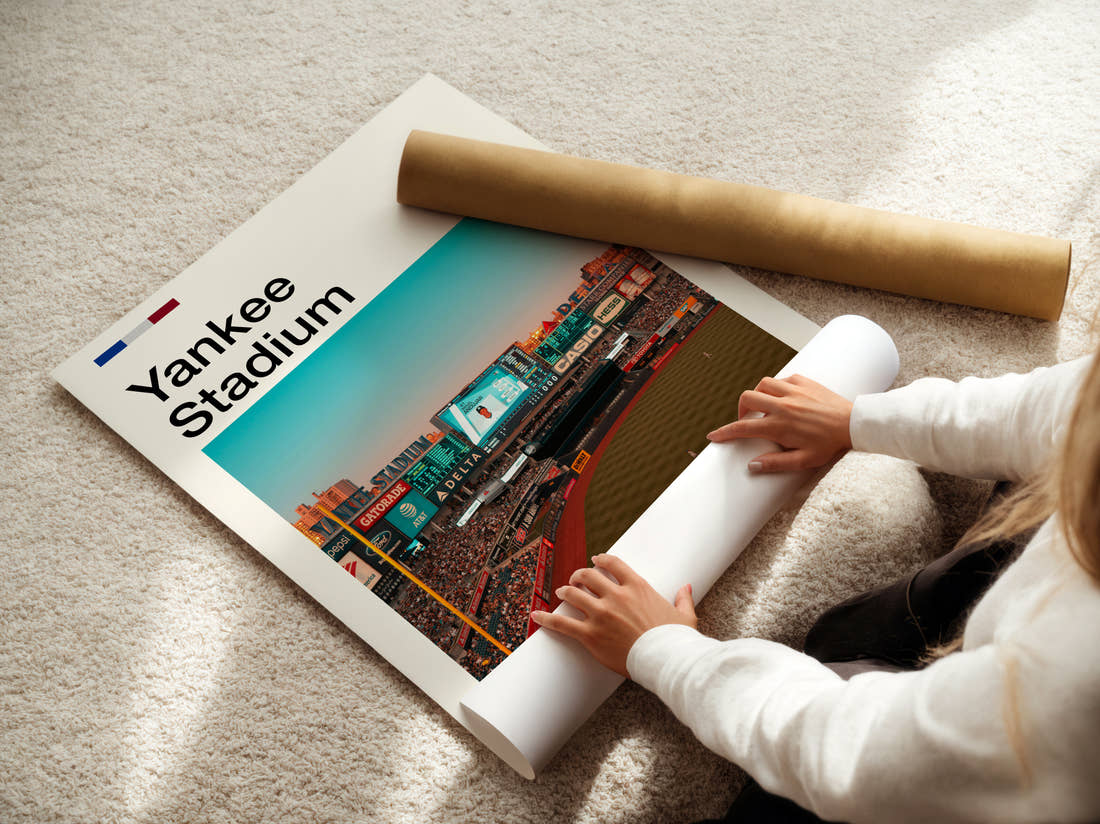 Yankee Stadium Print being unrolled from its postal tube