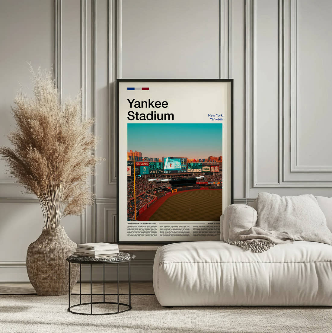 Yankee Stadium Print framed on the wall of a calm, neutral bedroom