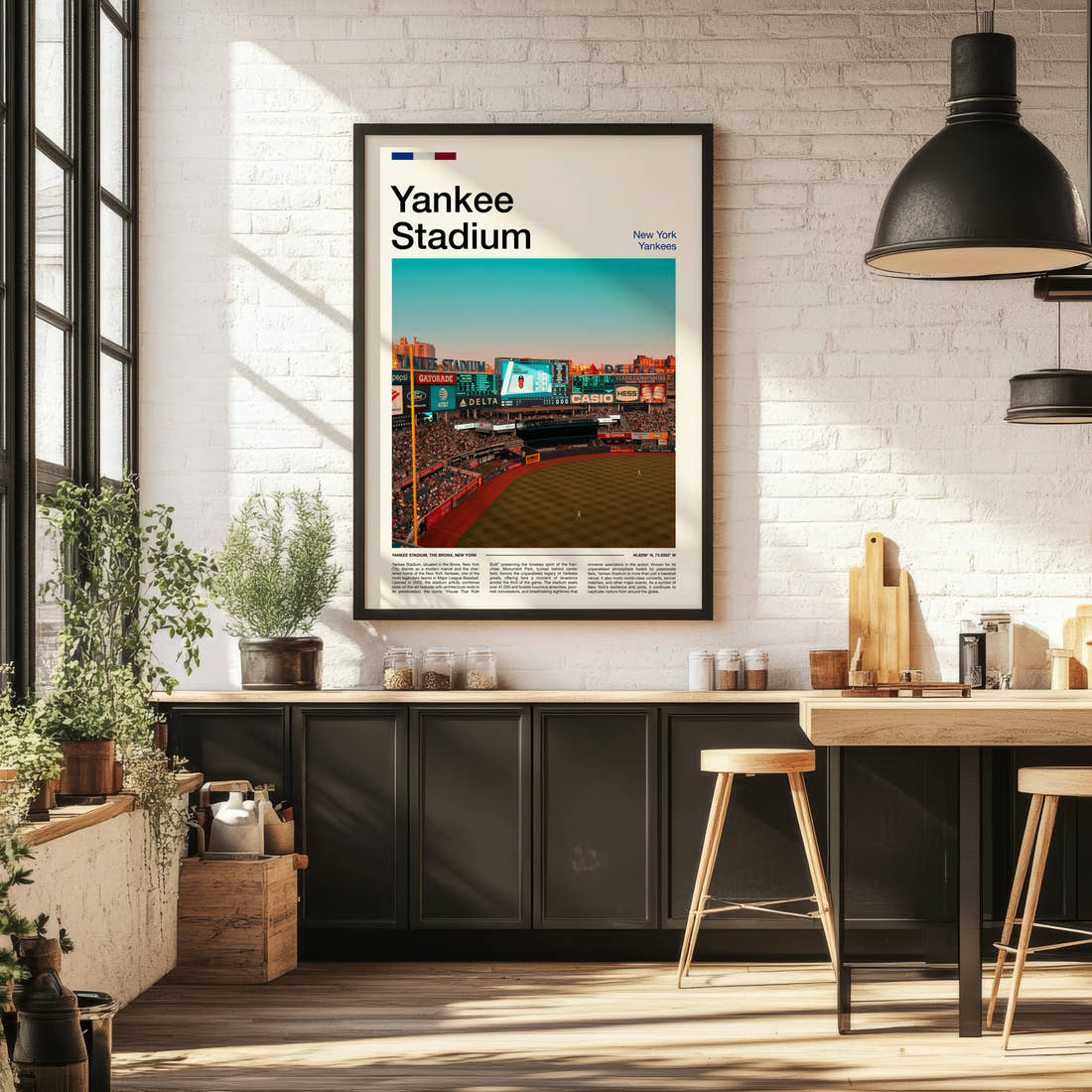 Yankee Stadium Print framed on the wall of a bright kitchen and dining space