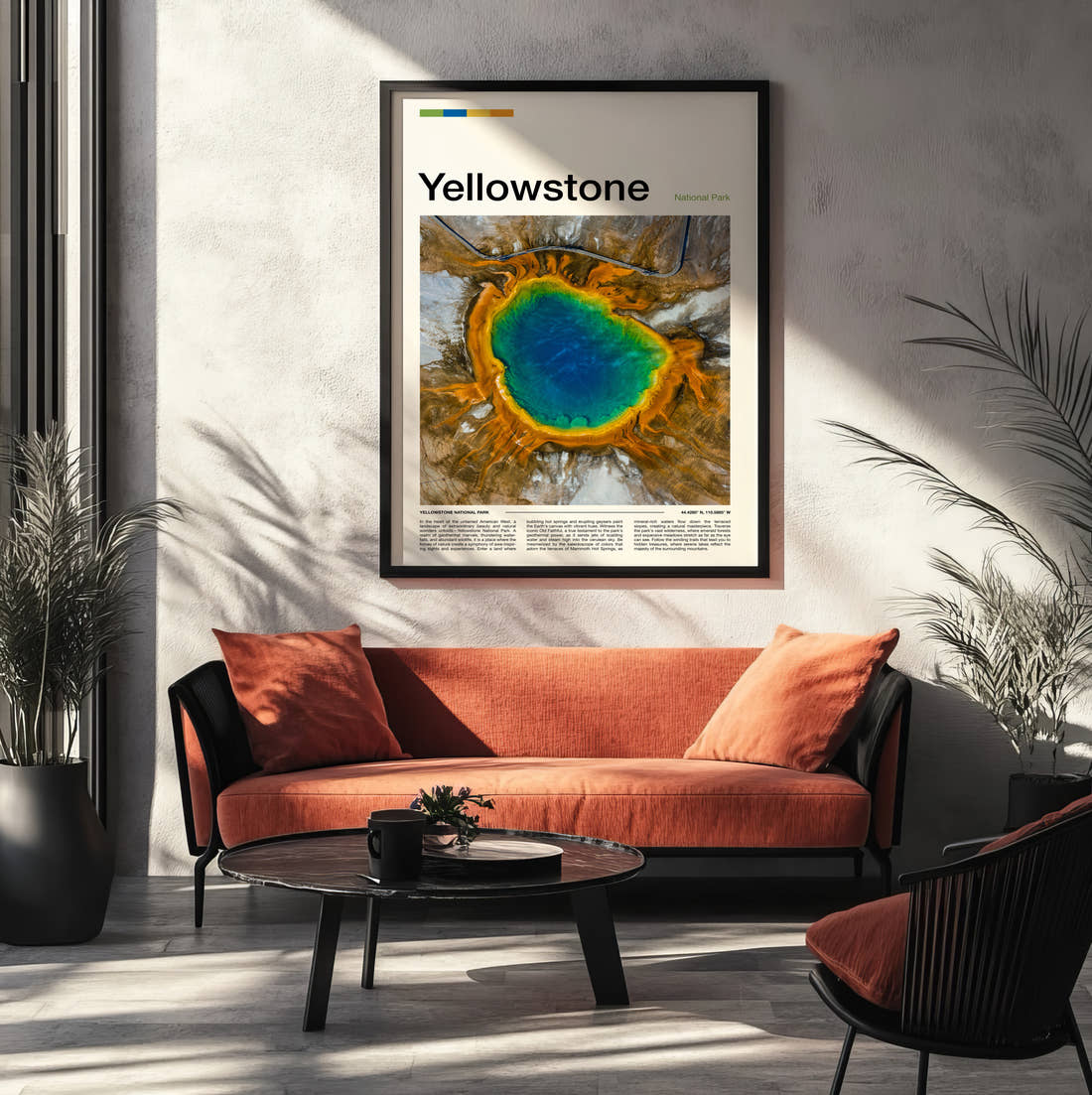 Yellowstone Grand Prismatic Spring Travel Print framed on the wall of a modern living room