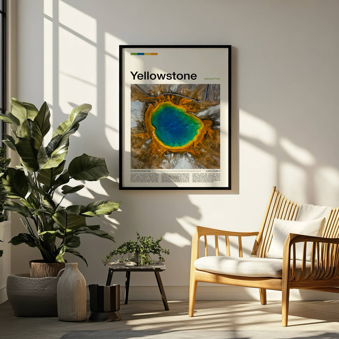 Yellowstone Grand Prismatic Spring Travel Print framed on a pale wall beside houseplants