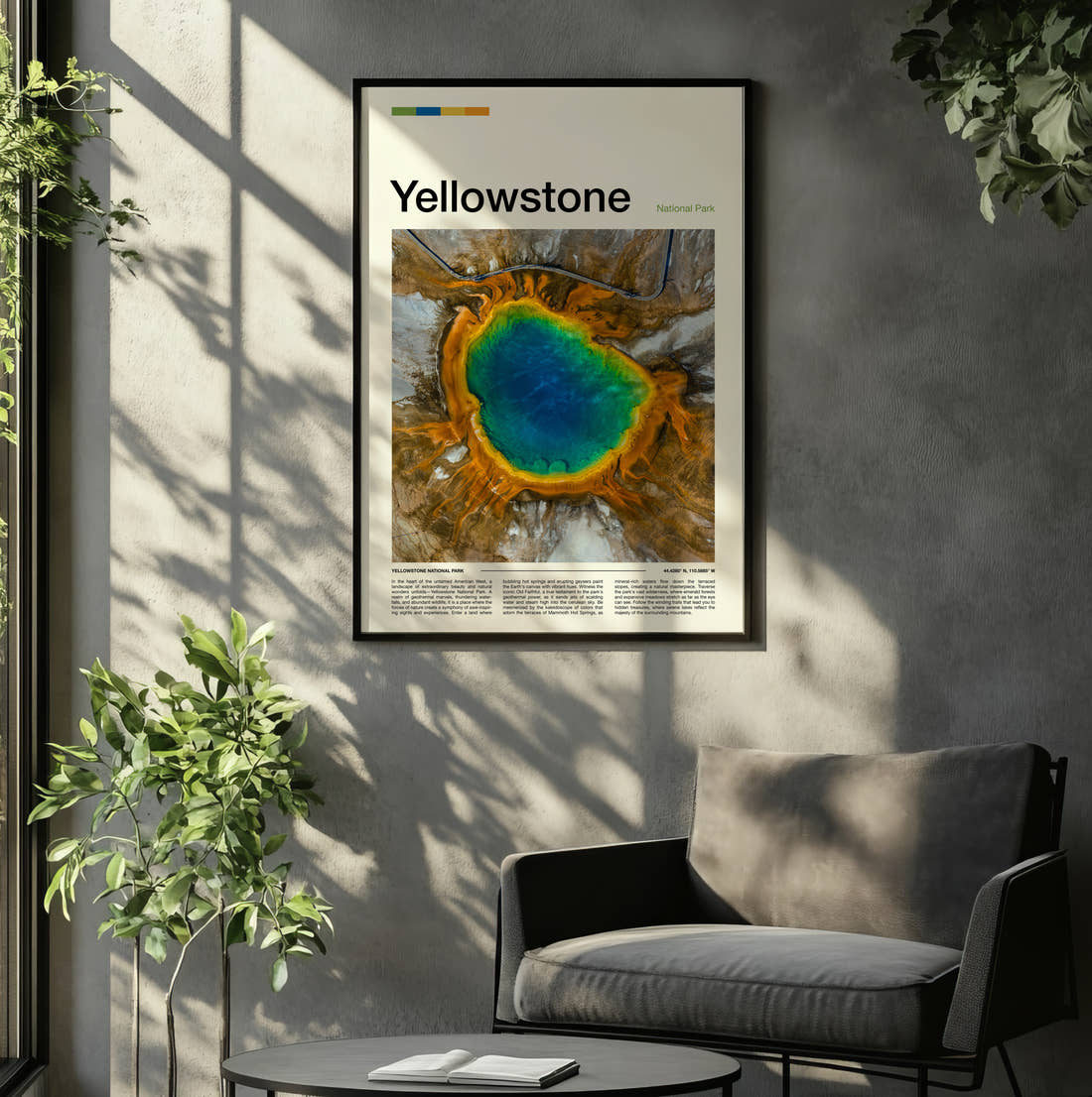 Yellowstone Grand Prismatic Spring Travel Print framed on the wall of a relaxed living room