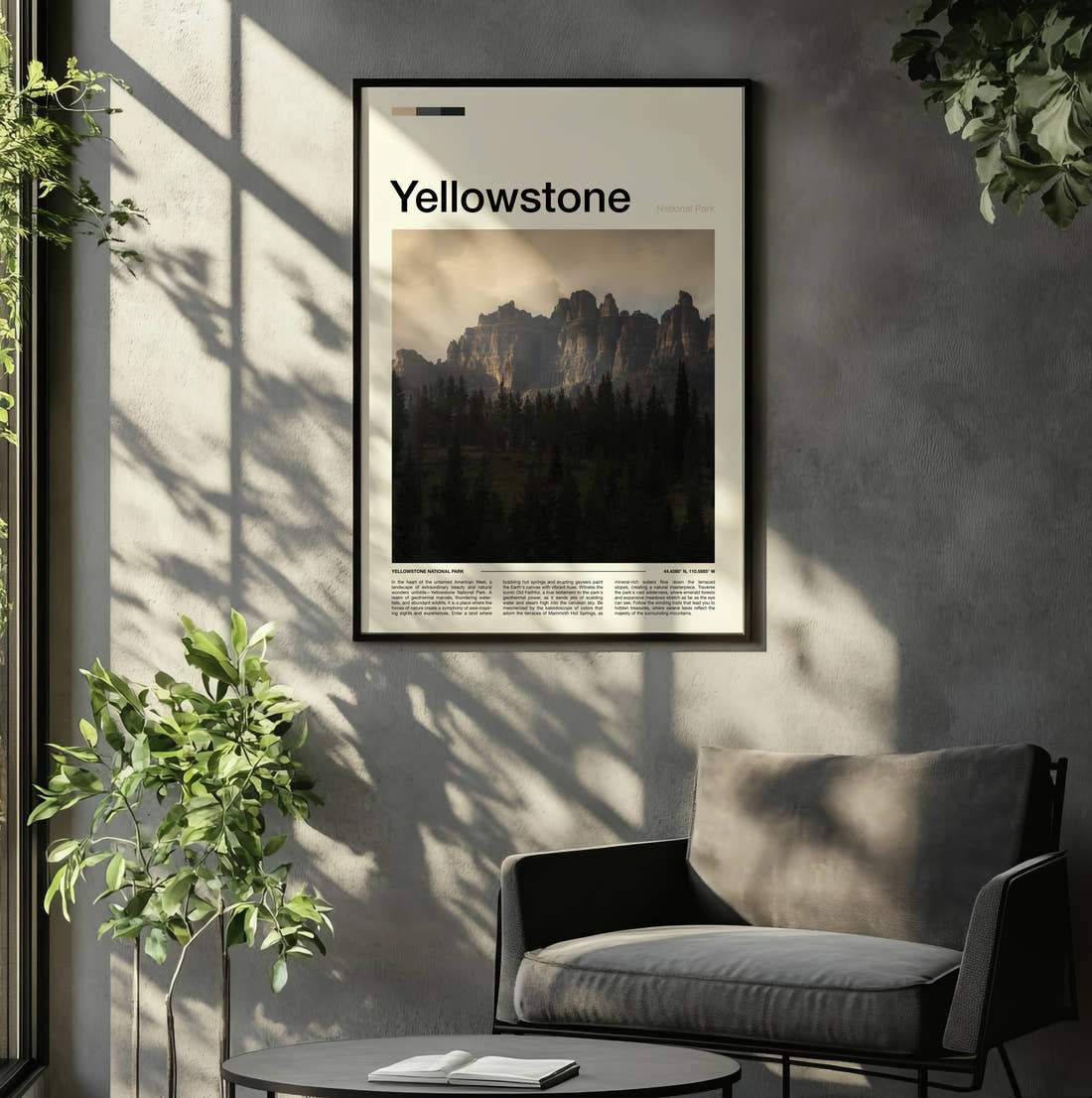 Yellowstone Rocky Spires Above Forest Travel Print framed on the wall of a relaxed living room