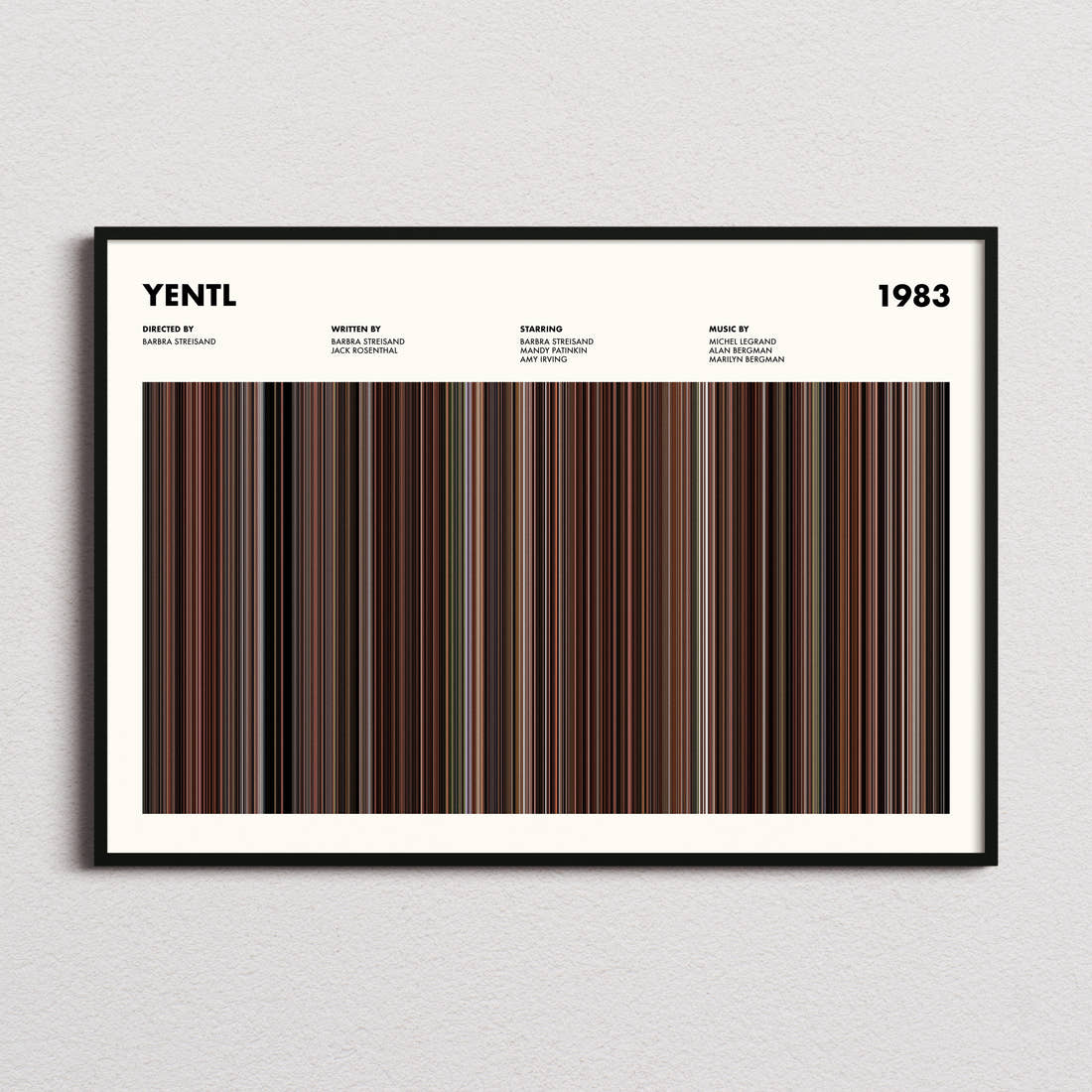 Yentl Movie Barcode Poster framed and photographed straight on