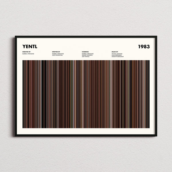 Yentl Movie Barcode Poster framed and photographed straight on