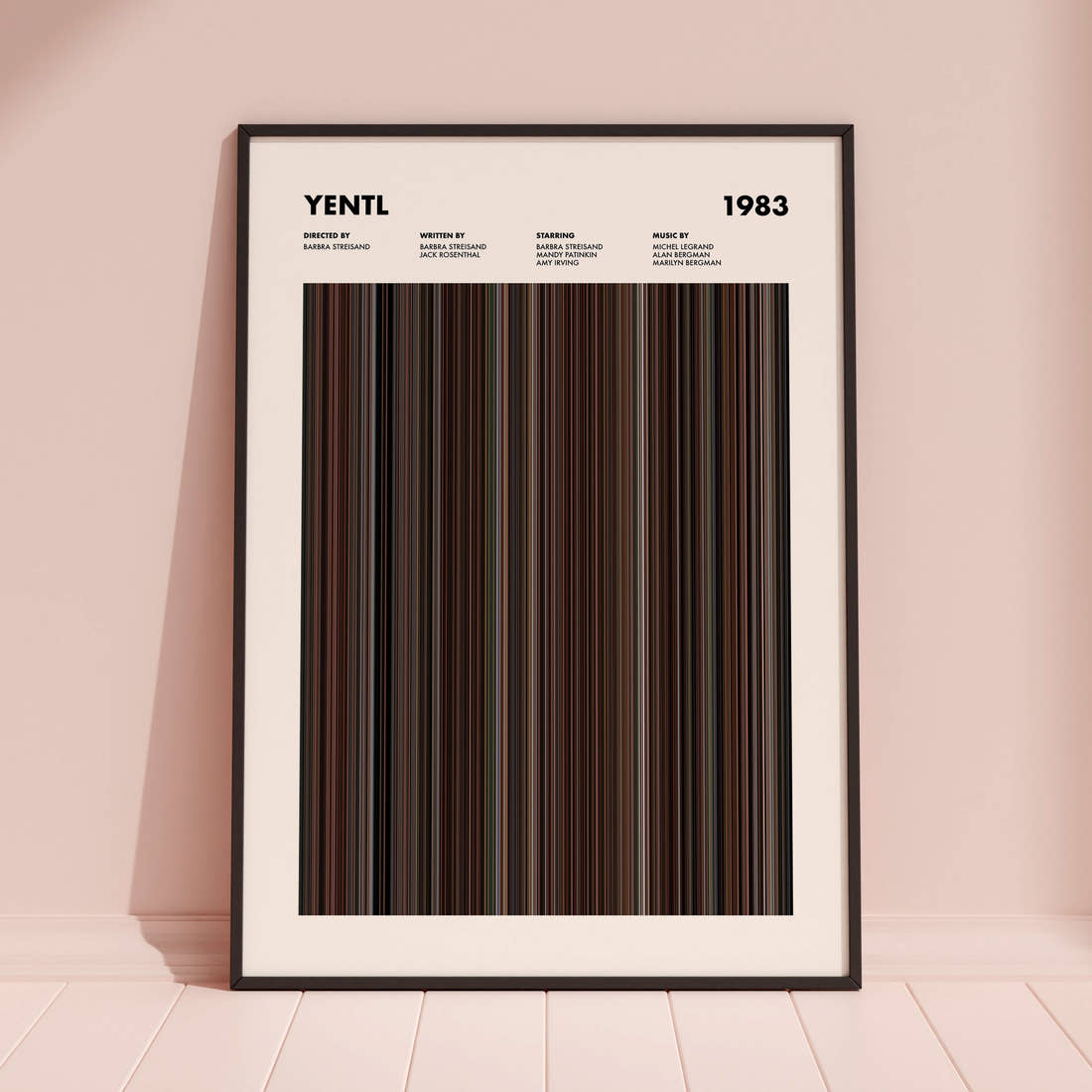 Yentl Movie Barcode Poster framed and leaning against a coloured wall