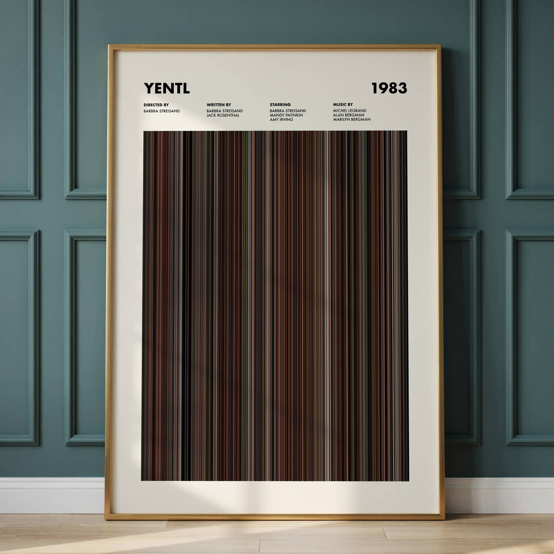Yentl Movie Barcode Poster framed and leaning against a panelled wall