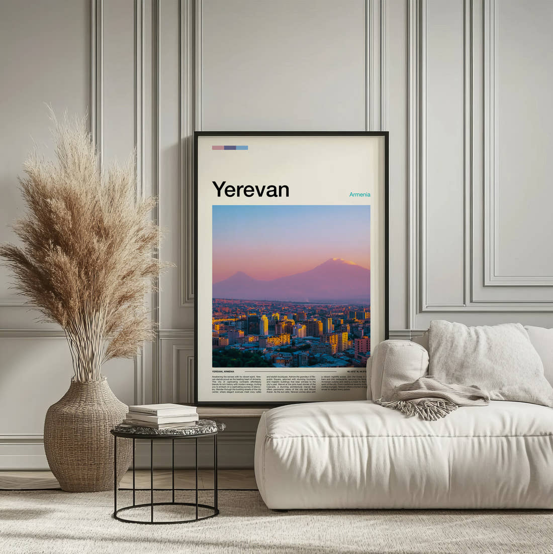 Yerevan Mount Ararat Travel Print framed on the wall of a calm, neutral bedroom