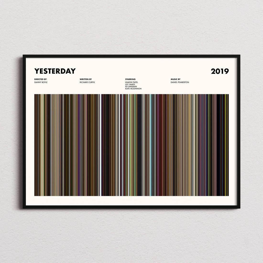 Yesterday Movie Barcode Poster framed and photographed straight on