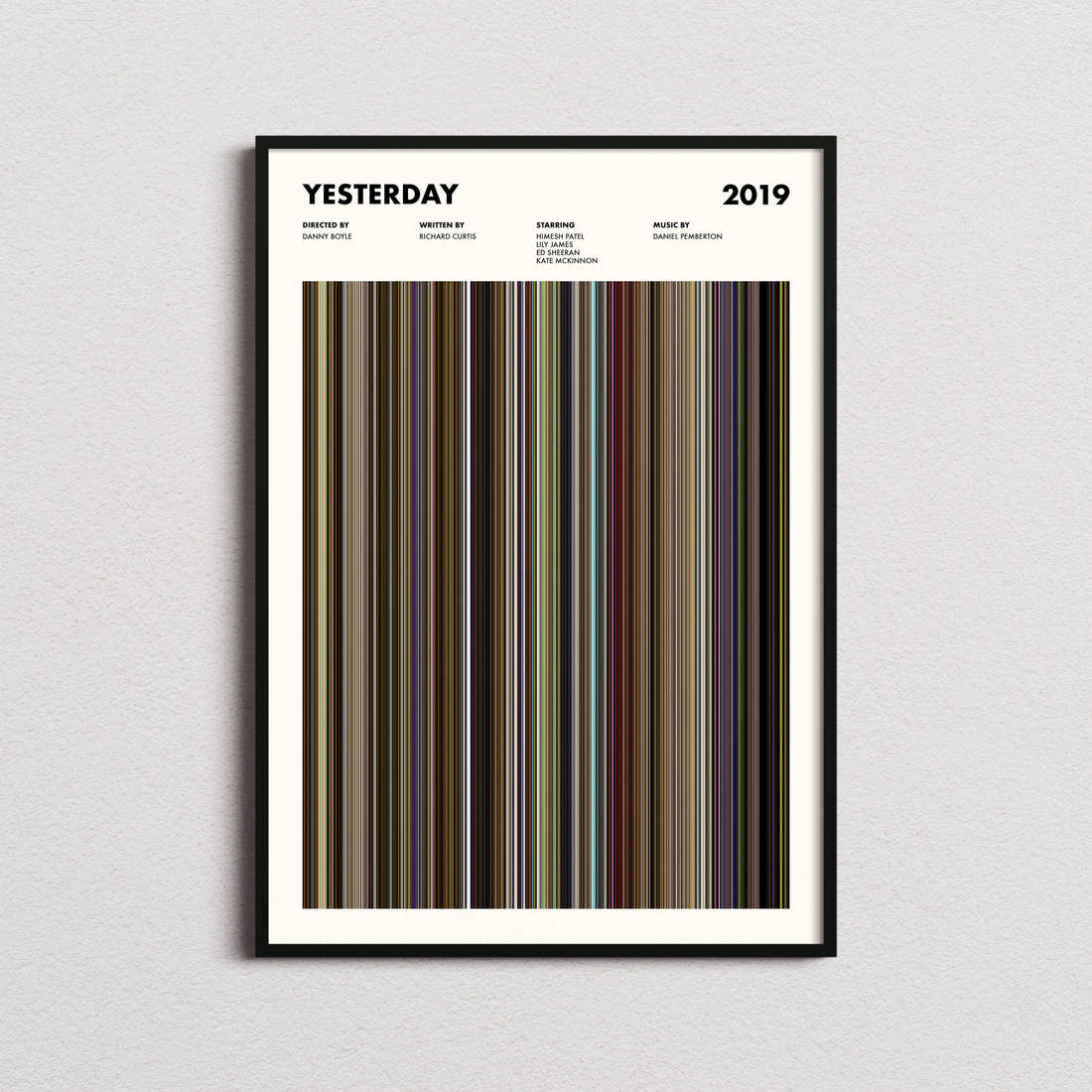 Yesterday Movie Barcode Poster framed on a plain studio wall
