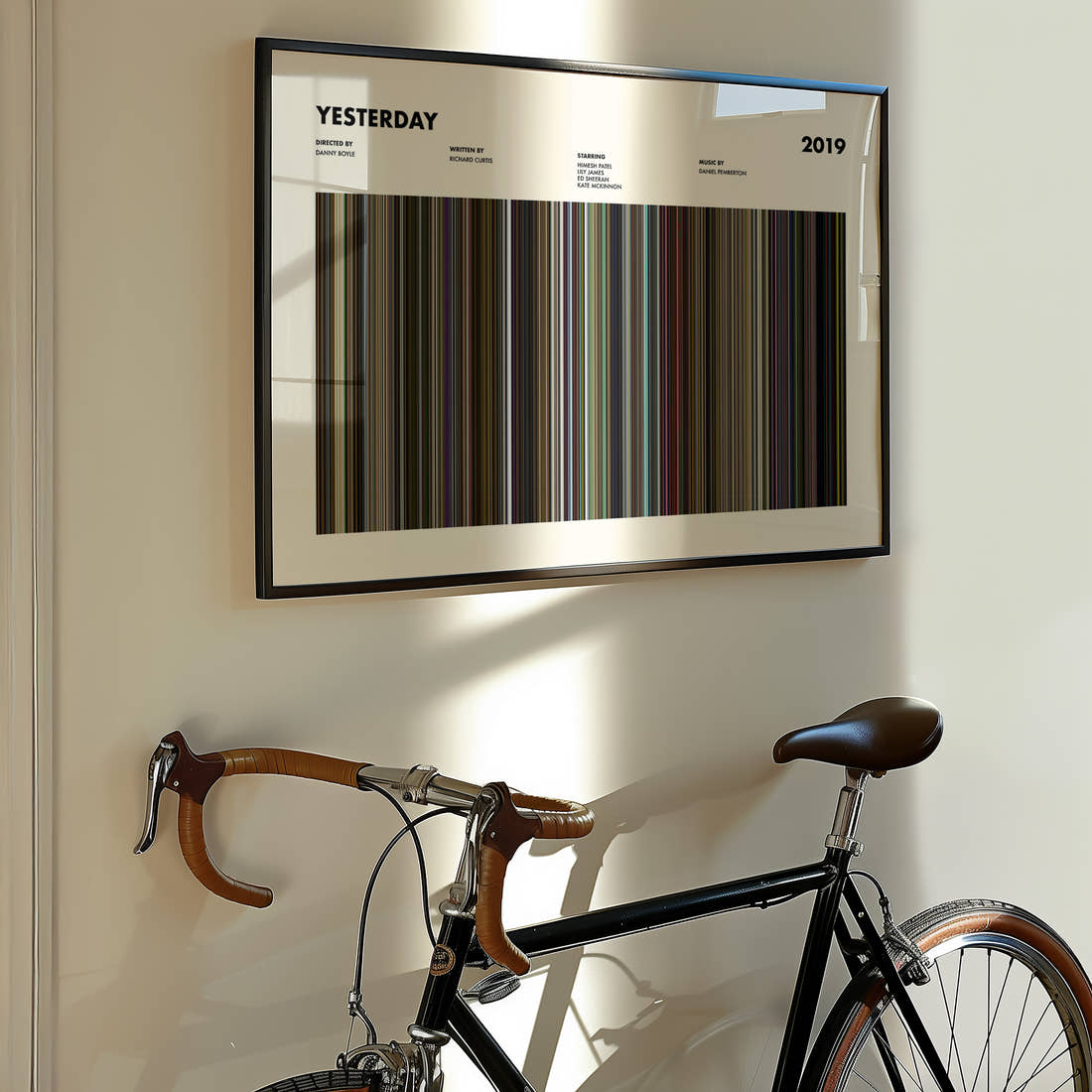 Yesterday Movie Barcode Poster framed on the wall of a styled room setting