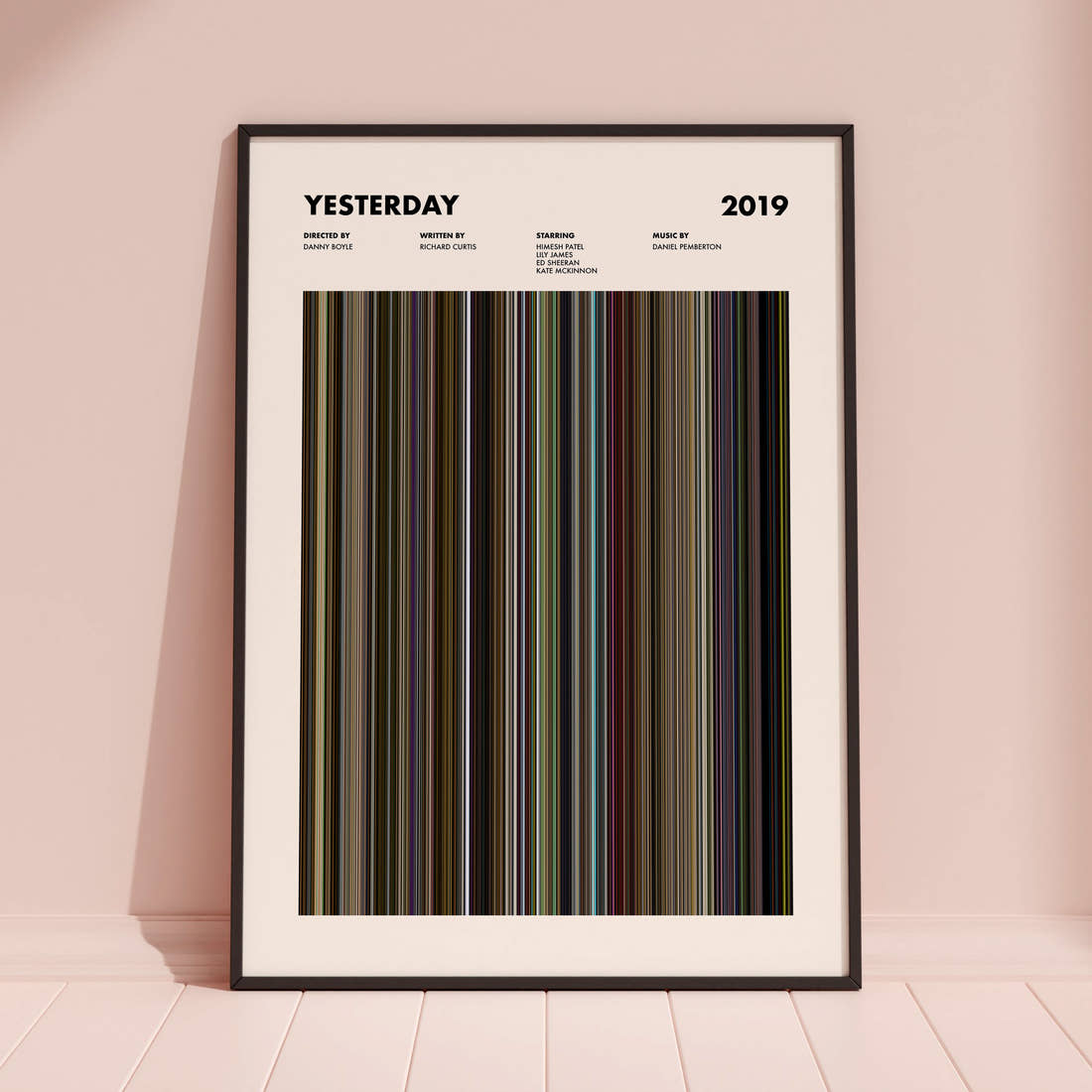 Yesterday Movie Barcode Poster framed and leaning against a coloured wall