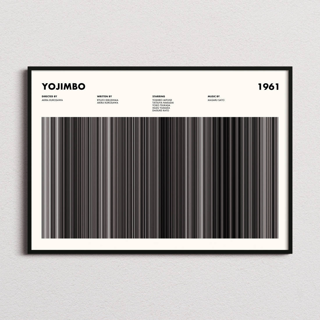 Yojimbo Movie Barcode Poster framed and photographed straight on