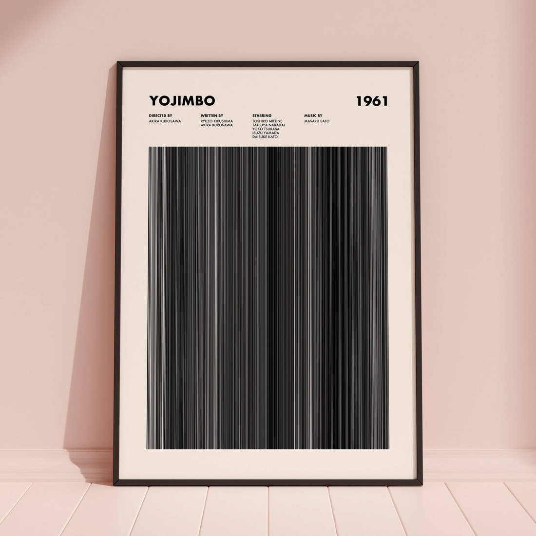 Yojimbo Movie Barcode Poster framed and leaning against a coloured wall