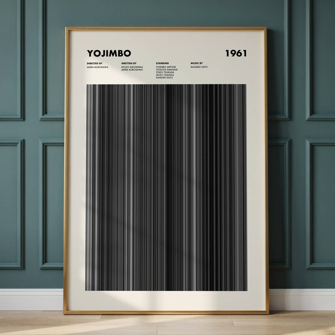 Yojimbo Movie Barcode Poster framed and leaning against a panelled wall