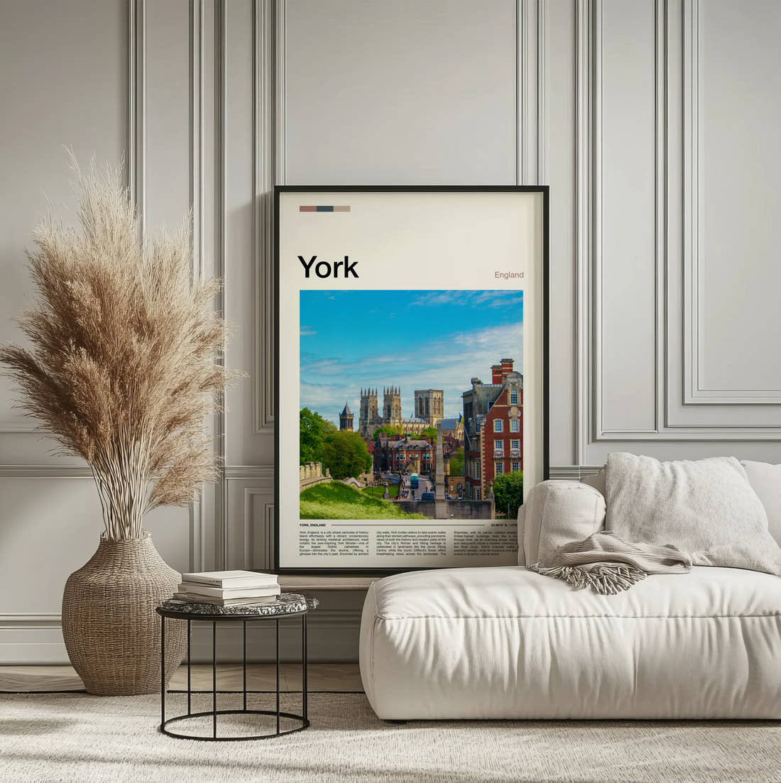 York The Minster And Rooftops Travel Print framed on the wall of a calm, neutral bedroom