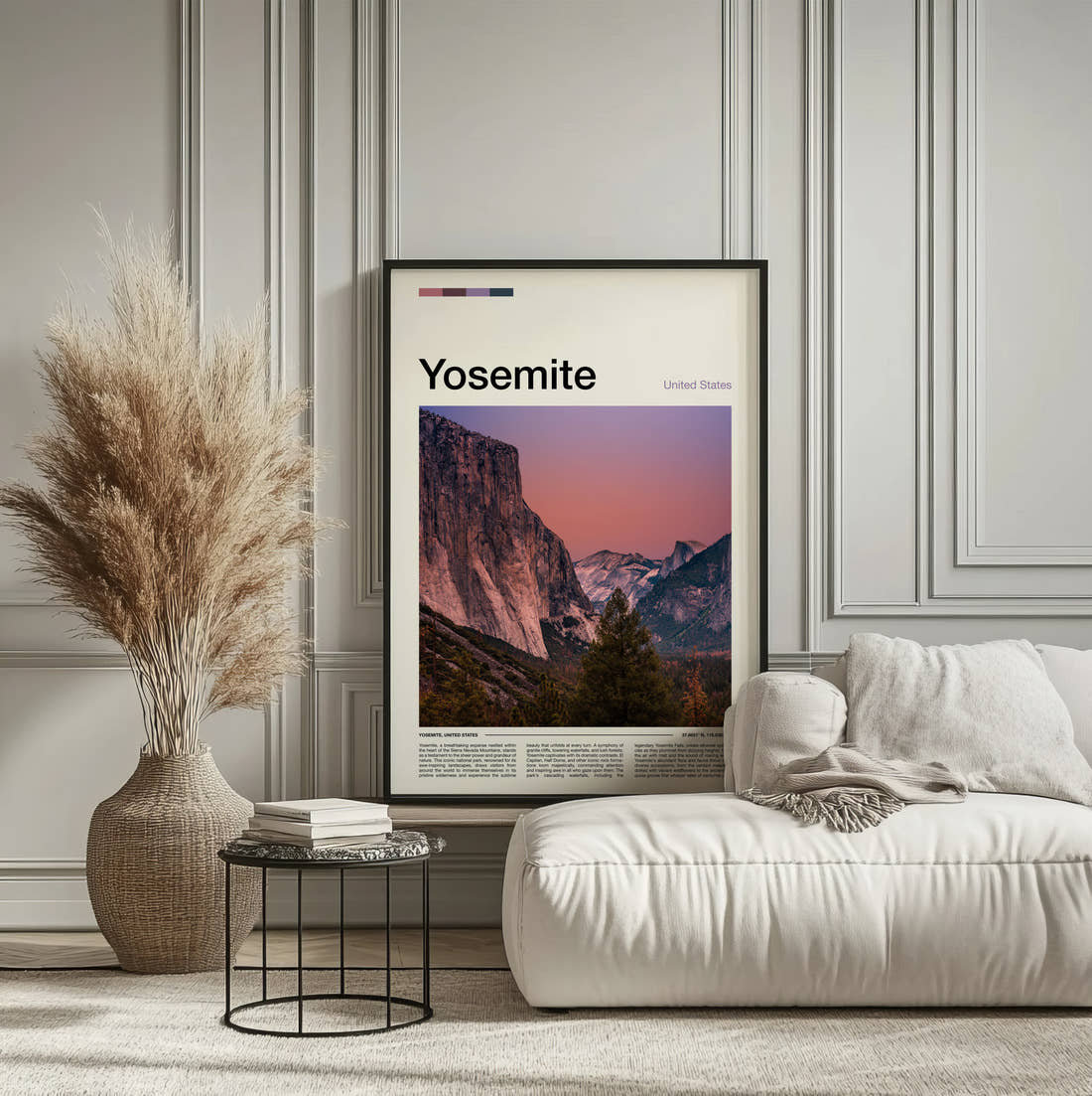 Yosemite El Capitan Travel Print framed on the wall of a calm, neutral bedroom
