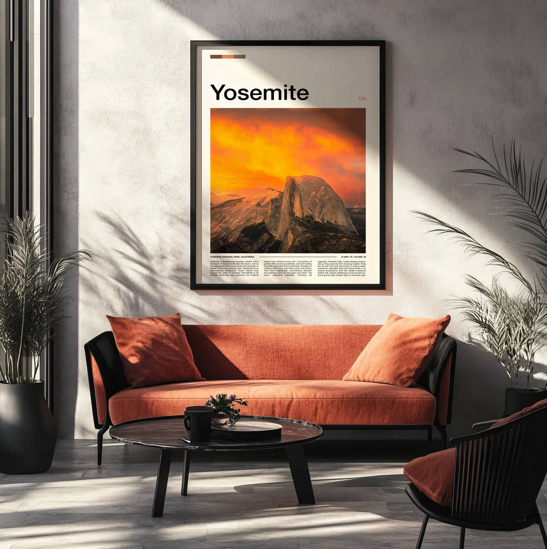 Yosemite Half Dome Travel Print framed on the wall of a modern living room