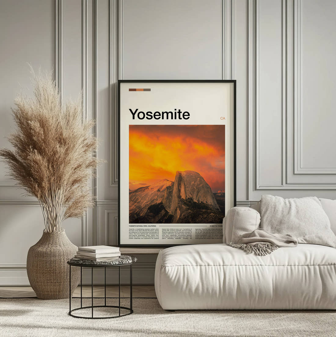 Yosemite Half Dome Travel Print framed on the wall of a calm, neutral bedroom