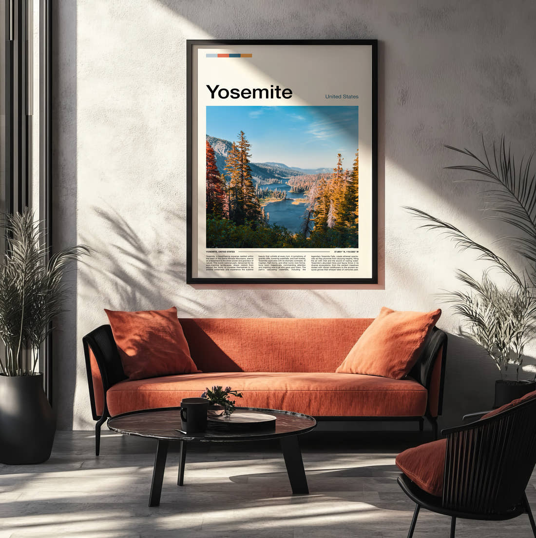 Yosemite Alpine Lake And Pines Travel Print framed on the wall of a modern living room