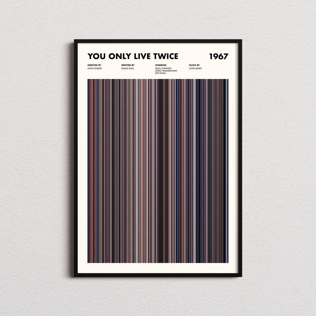 You Only Live Twice Movie Barcode Poster framed on a plain studio wall