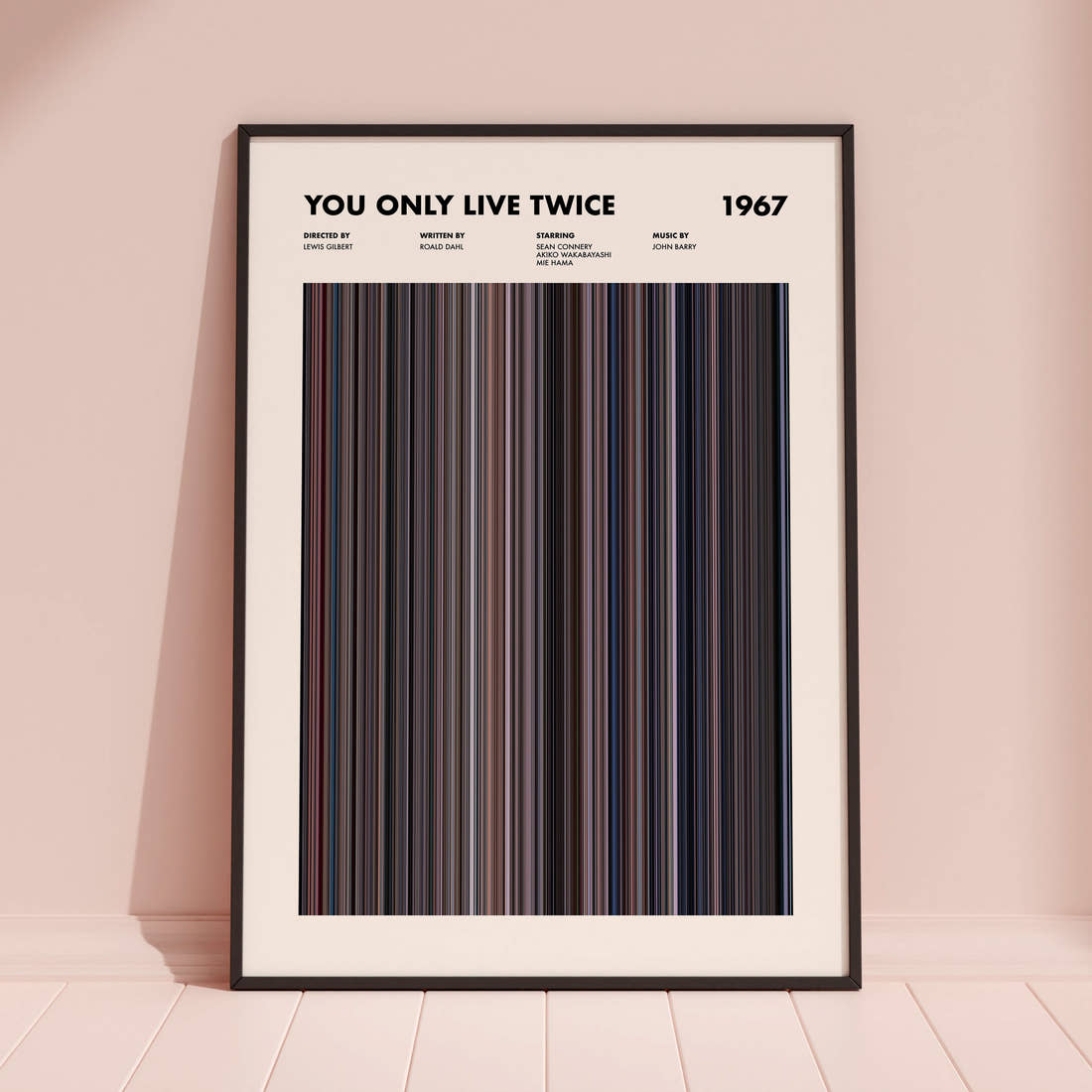 You Only Live Twice Movie Barcode Poster framed and leaning against a coloured wall