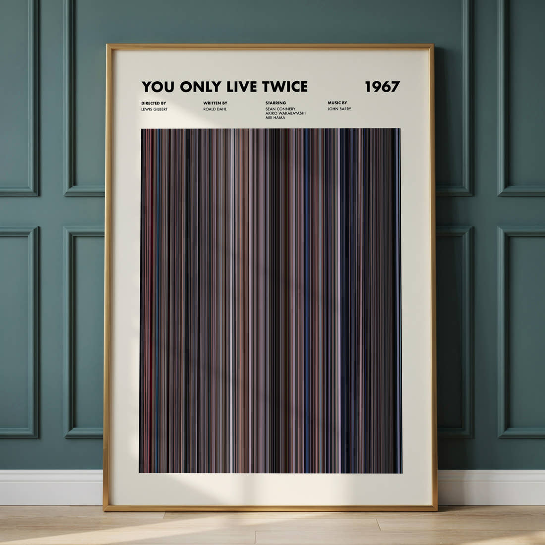 You Only Live Twice Movie Barcode Poster framed and leaning against a panelled wall