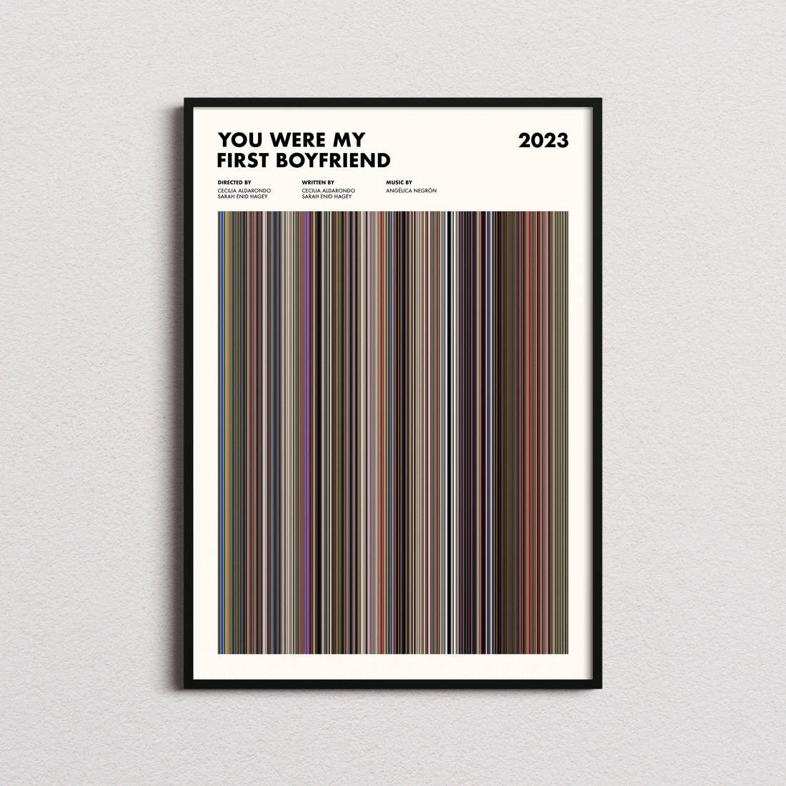 You Were My First Boyfriend Movie Barcode Poster framed on a plain studio wall